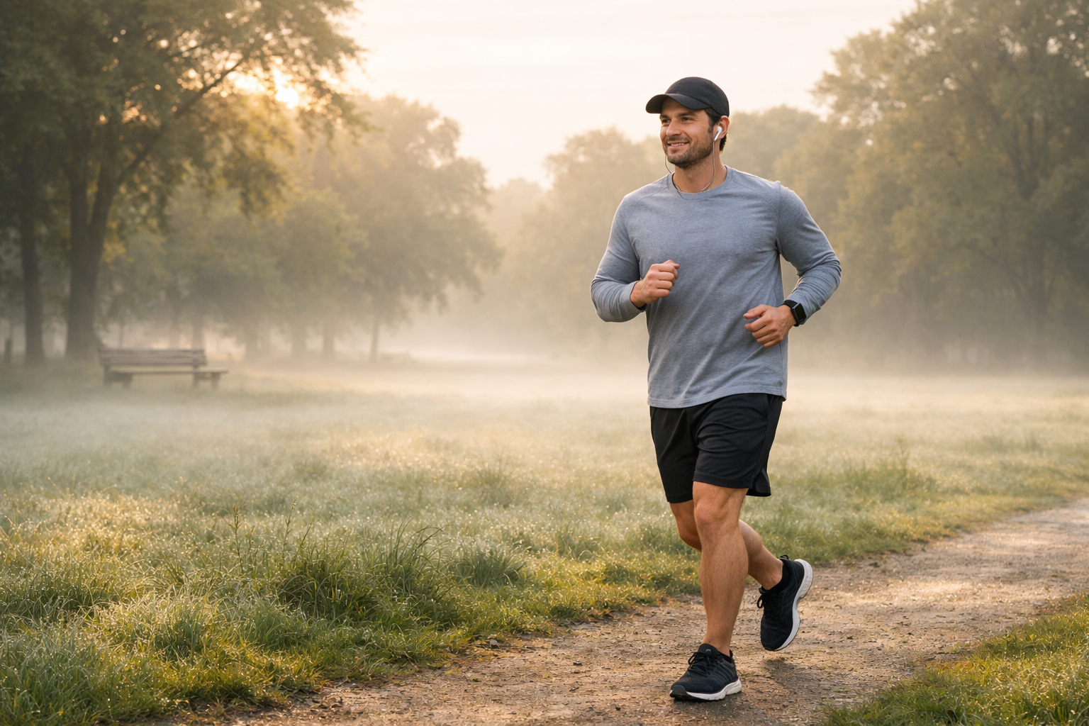 Mann joggt entspannt durch einen Park am frühen Morgen